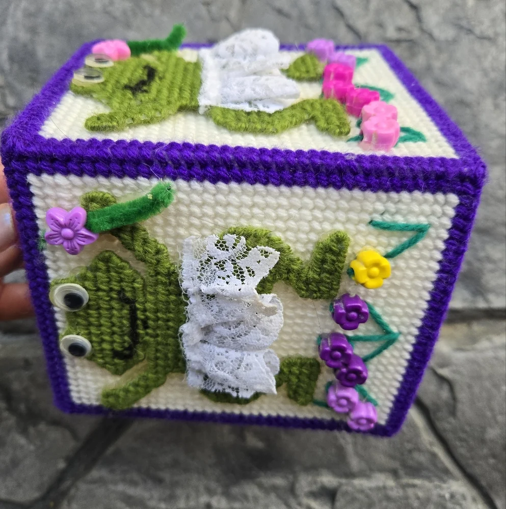 Handcrafted Frog Design Needlepoint Tissue Box Cover
